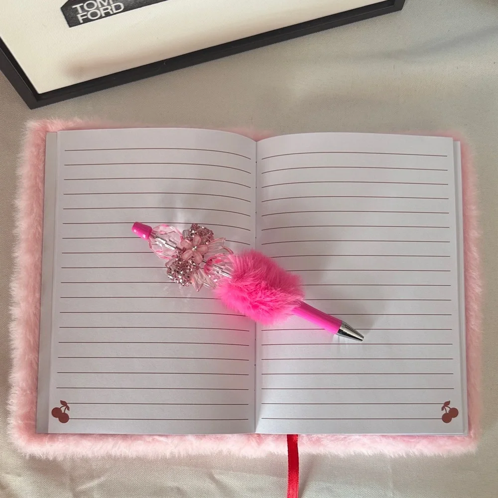 Pink Furry Cherry Sequin Notebook and Pen Set NWOT